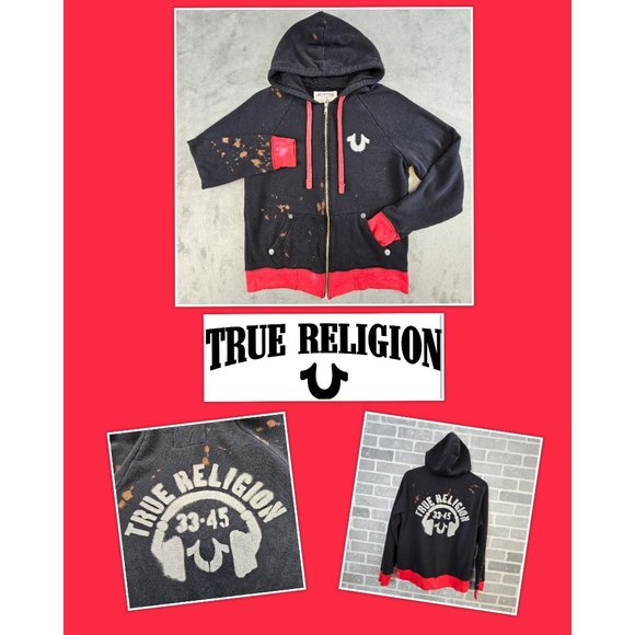 True Religion Jacket Women's Large Black Red Bleach Splatter Distressed Logo - Picture 1 of 15